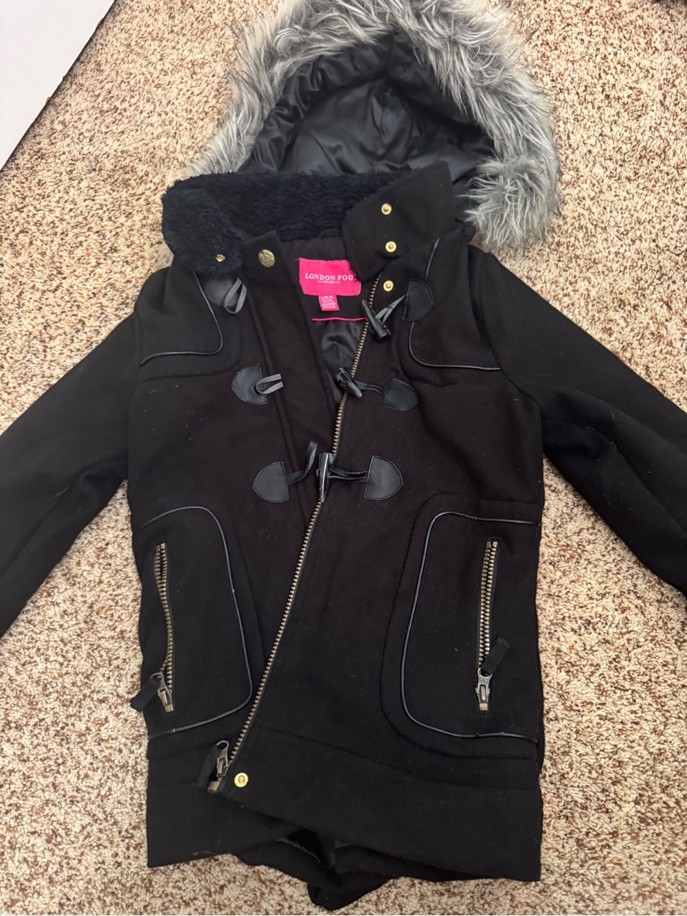 London Fog Black Hooded Toggle Coat with Faux Fur Lining